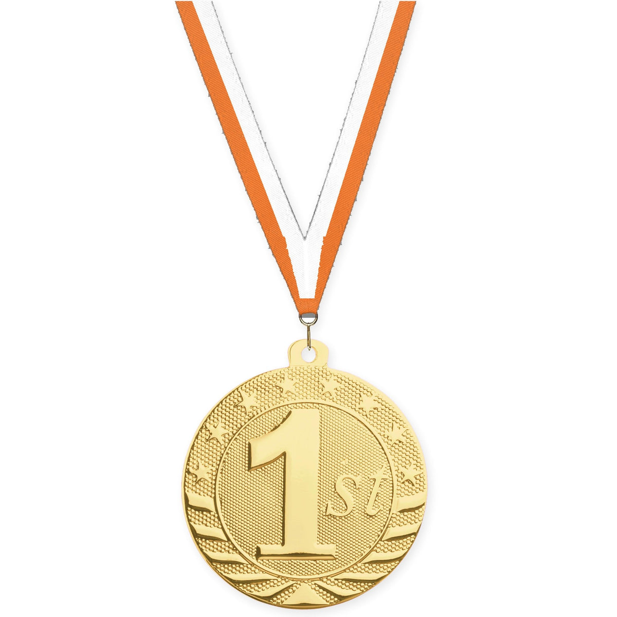 2 inch Place Starbrite medal in gold - 1st place with Orange White neck ribbon