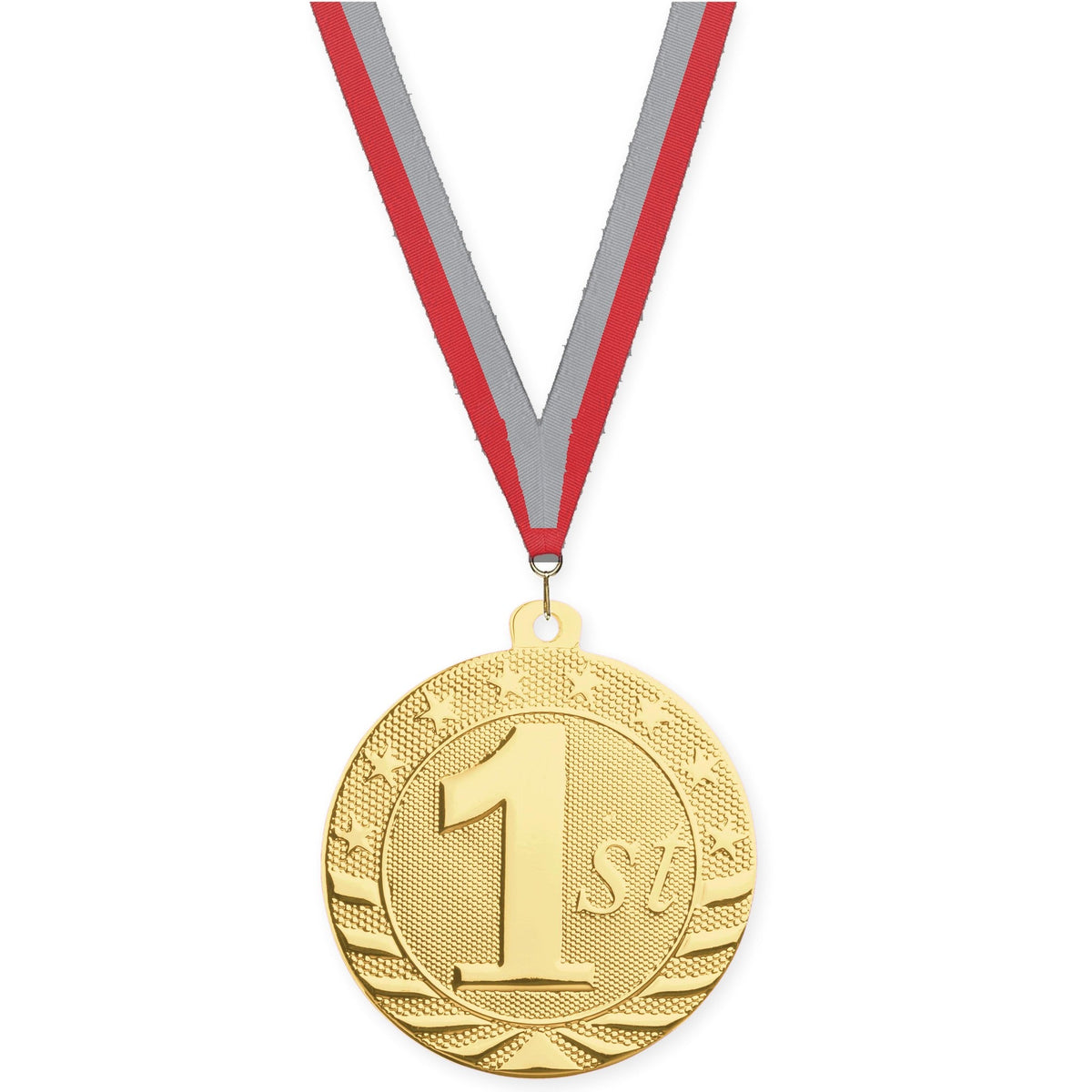 2 inch Place Starbrite medal in gold - 1st place with Red Gray neck ribbon