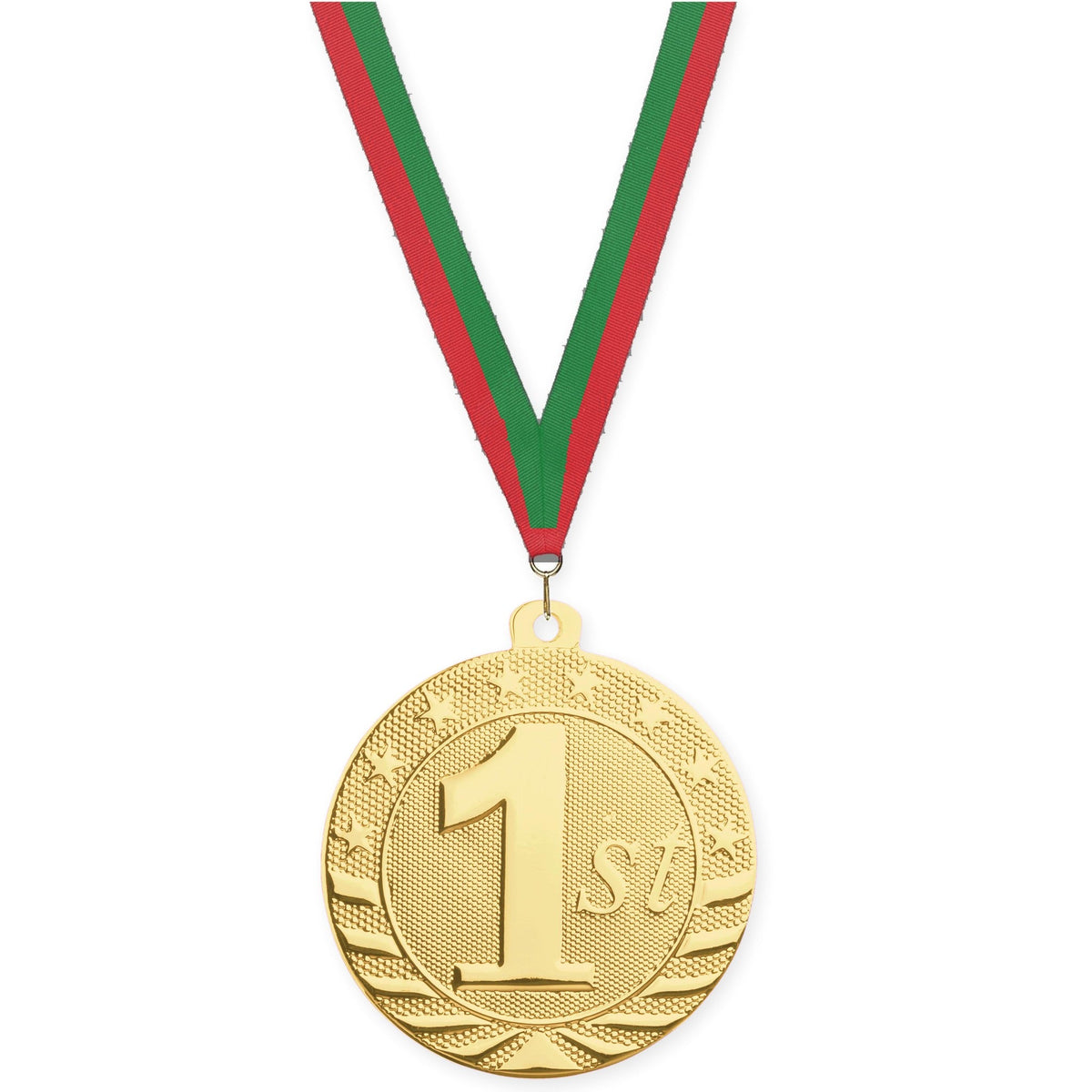 2 inch Place Starbrite medal in gold - 1st place with Red Green neck ribbon