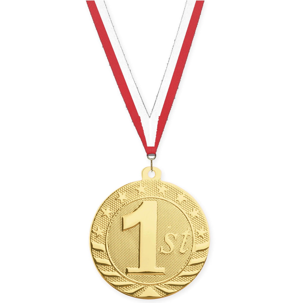 2 inch Place Starbrite medal in gold - 1st place with Red White neck ribbon