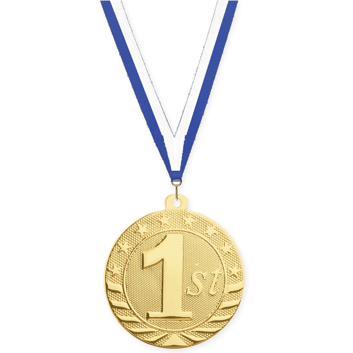 2 inch Place Starbrite medal in gold - 1st place with Blue White neck ribbon