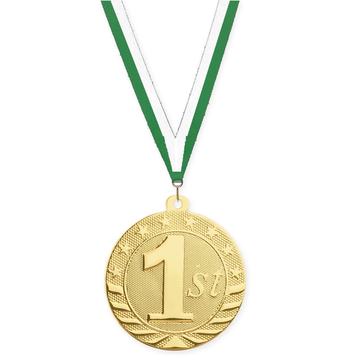 2 inch Place Starbrite medal in gold - 1st place with Green White neck ribbon