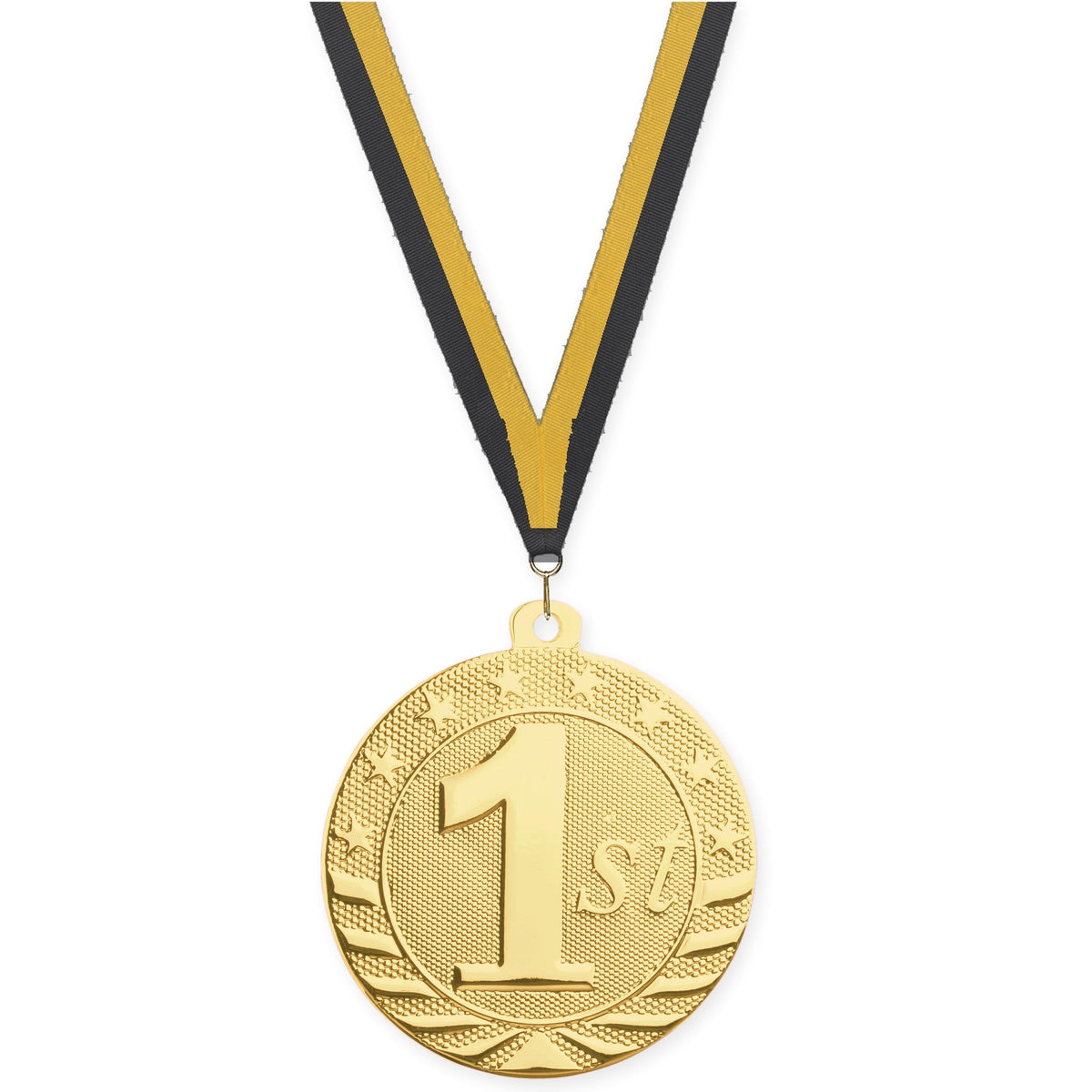 2 inch Place Starbrite medal in gold - 1st place with Black Gold neck ribbon