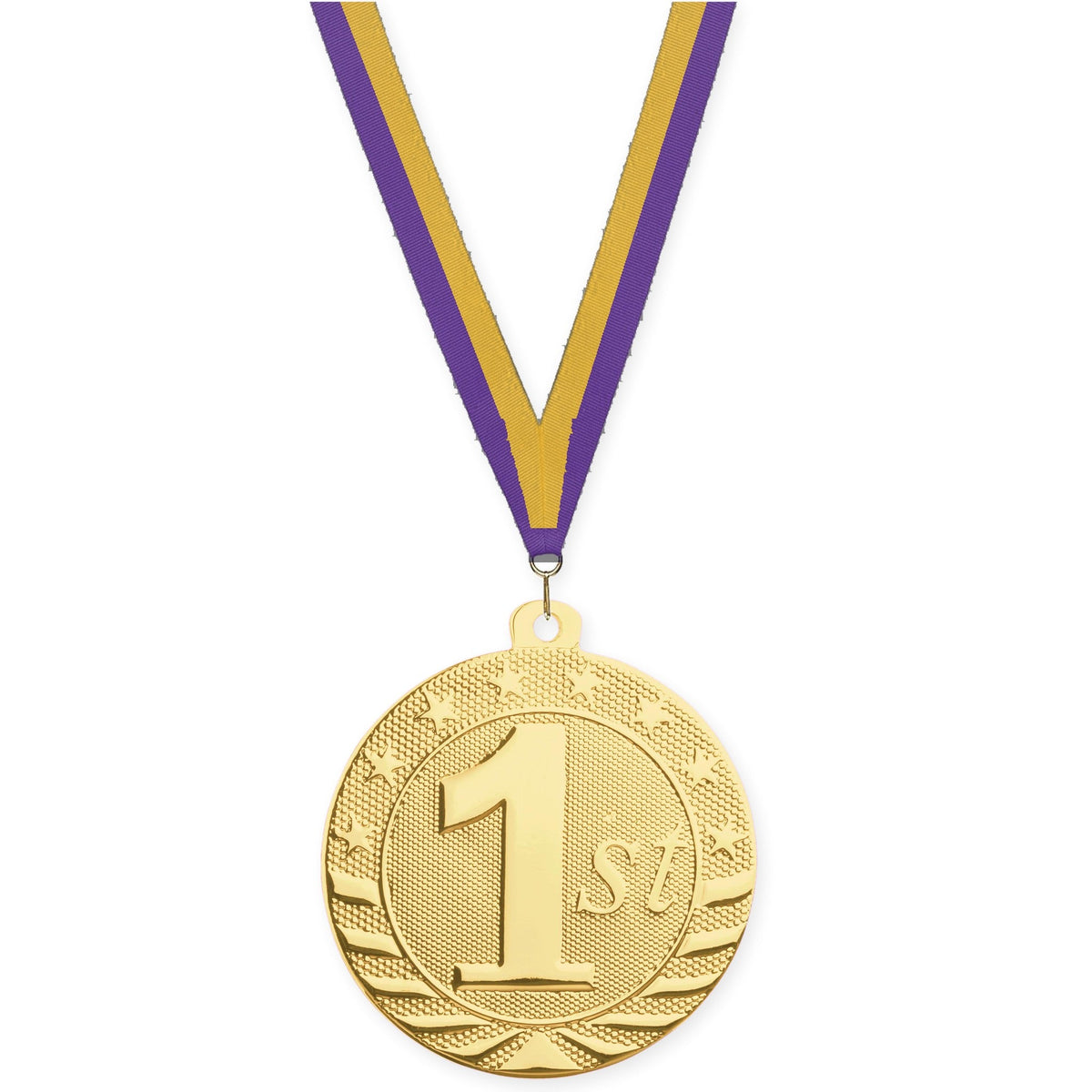 2 inch Place Starbrite medal in gold - 1st place with Purple Gold neck ribbon
