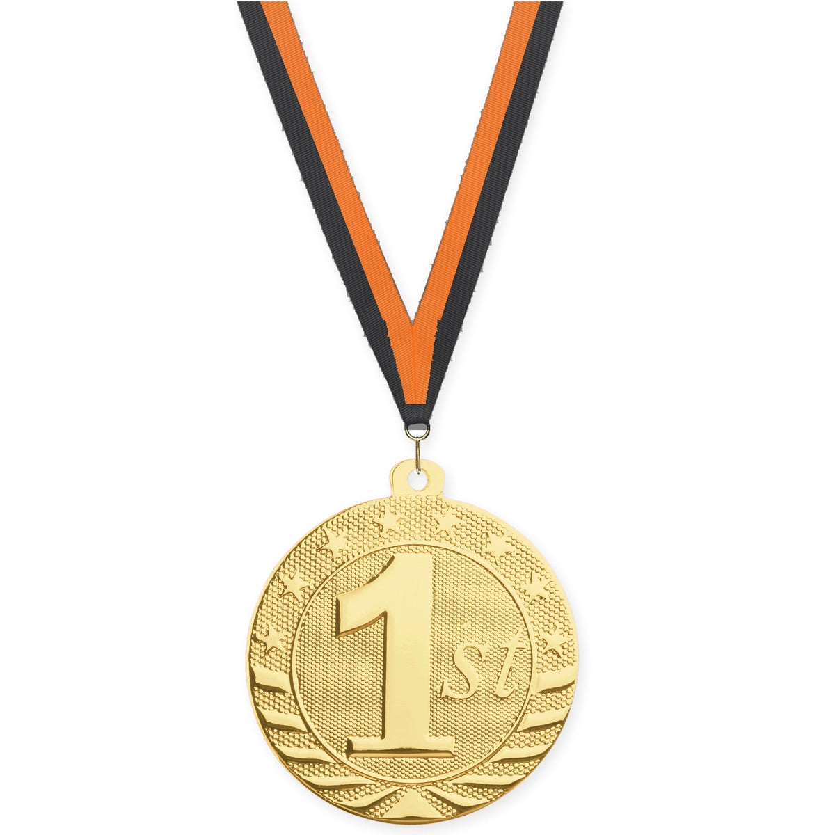 2 inch Place Starbrite medal in gold - 1st place with Black Orange neck ribbon
