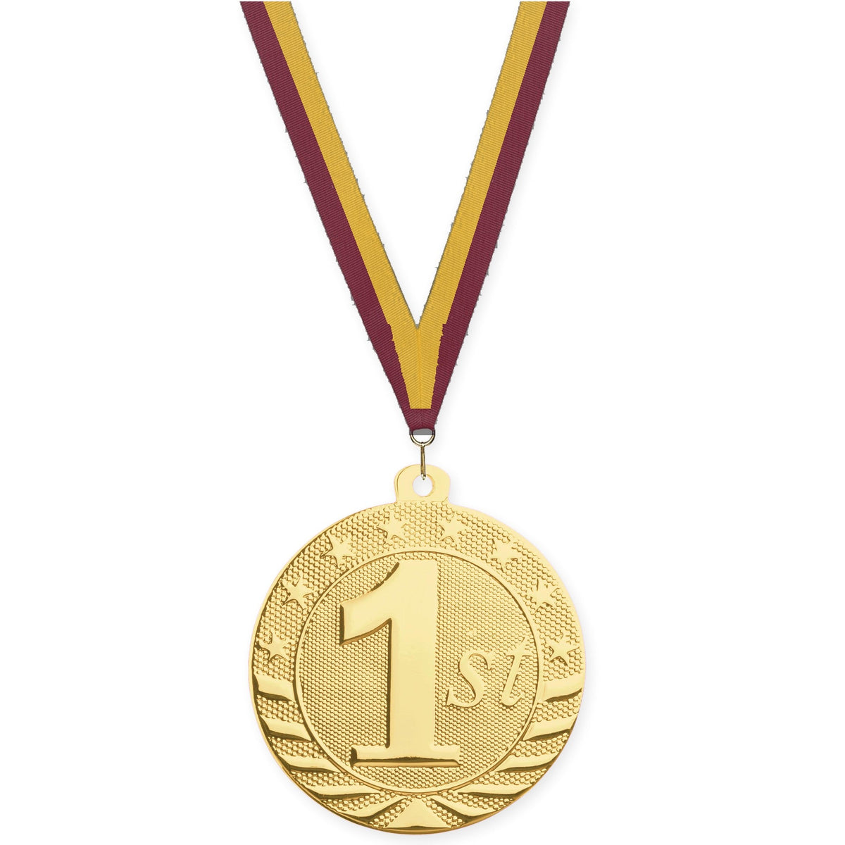 2 inch Place Starbrite medal in gold - 1st place with Maroon Gold neck ribbon