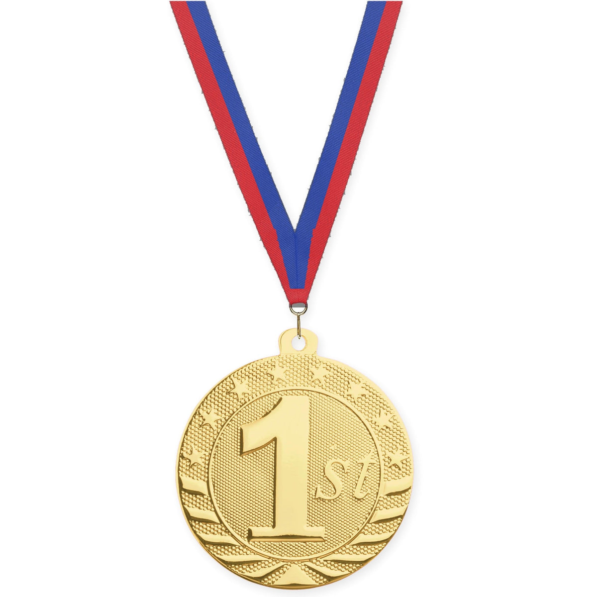 2 inch Place Starbrite medal in gold - 1st place with Blue Red neck ribbon