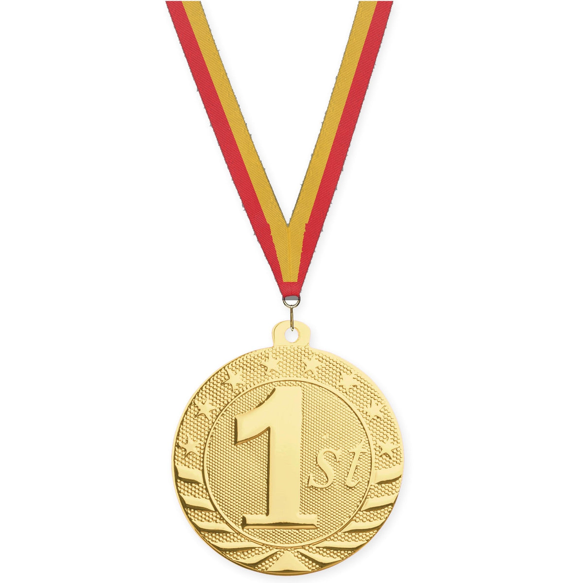 2 inch Place Starbrite medal in gold - 1st place with Red Gold neck ribbon