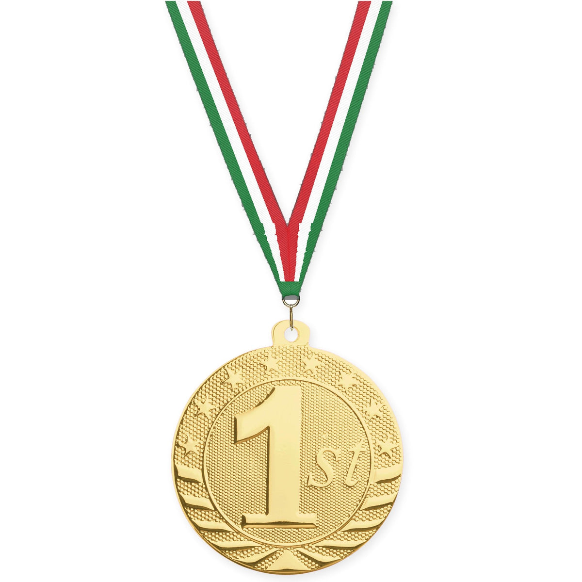 2 inch Place Starbrite medal in gold - 1st place with Green White Red neck ribbon
