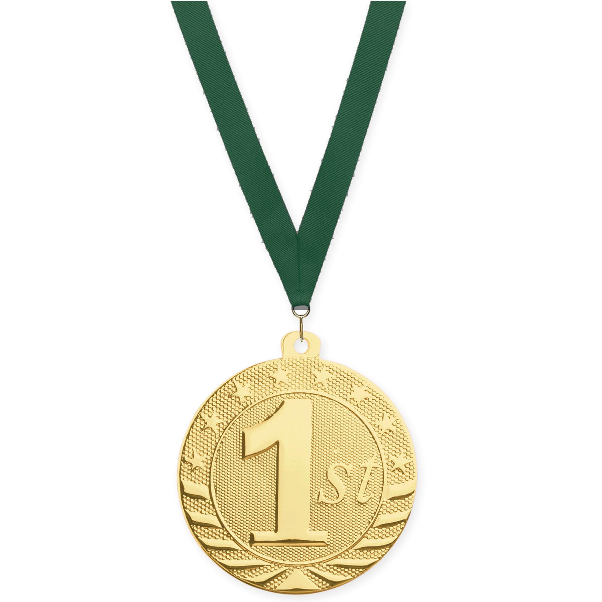 2 inch Place Starbrite medal in gold - 1st place with Hunter Green neck ribbon