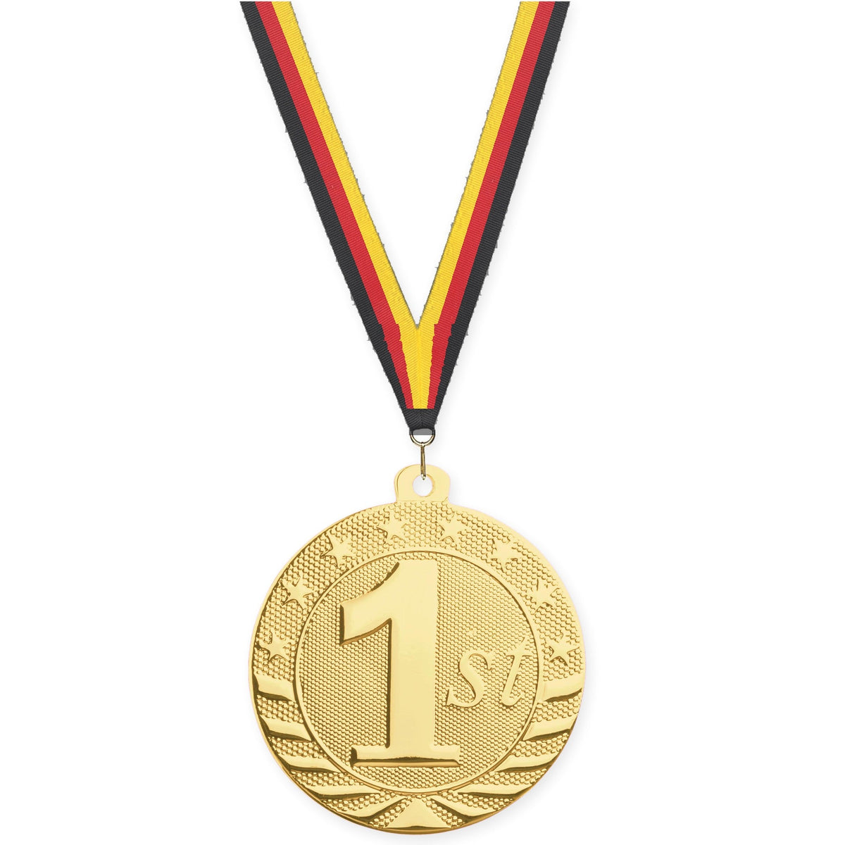 2 inch Place Starbrite medal in gold - 1st place with Black Red Yellow neck ribbon