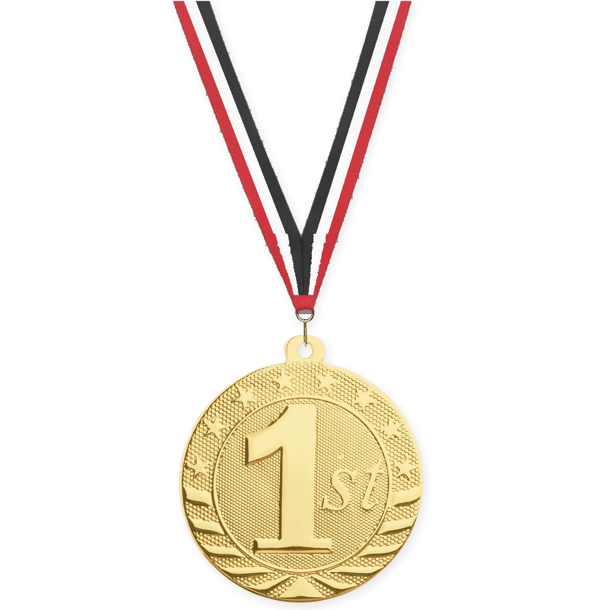 2 inch Place Starbrite medal in gold - 1st place with Red White Black neck ribbon