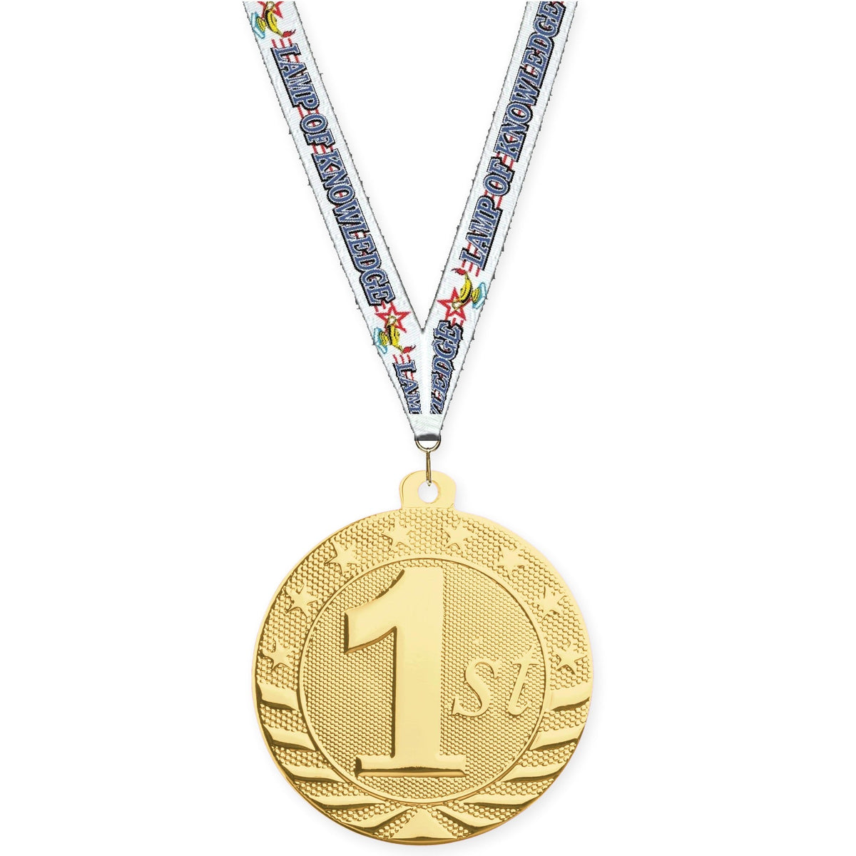 2 inch Place Starbrite medal in gold - 1st place with Lamp Of Knowledge neck ribbon
