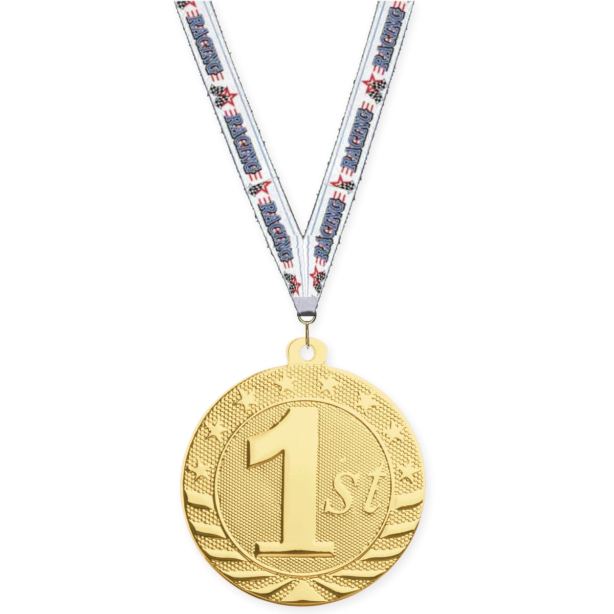 2 inch Place Starbrite medal in gold - 1st place with Auto Racing neck ribbon