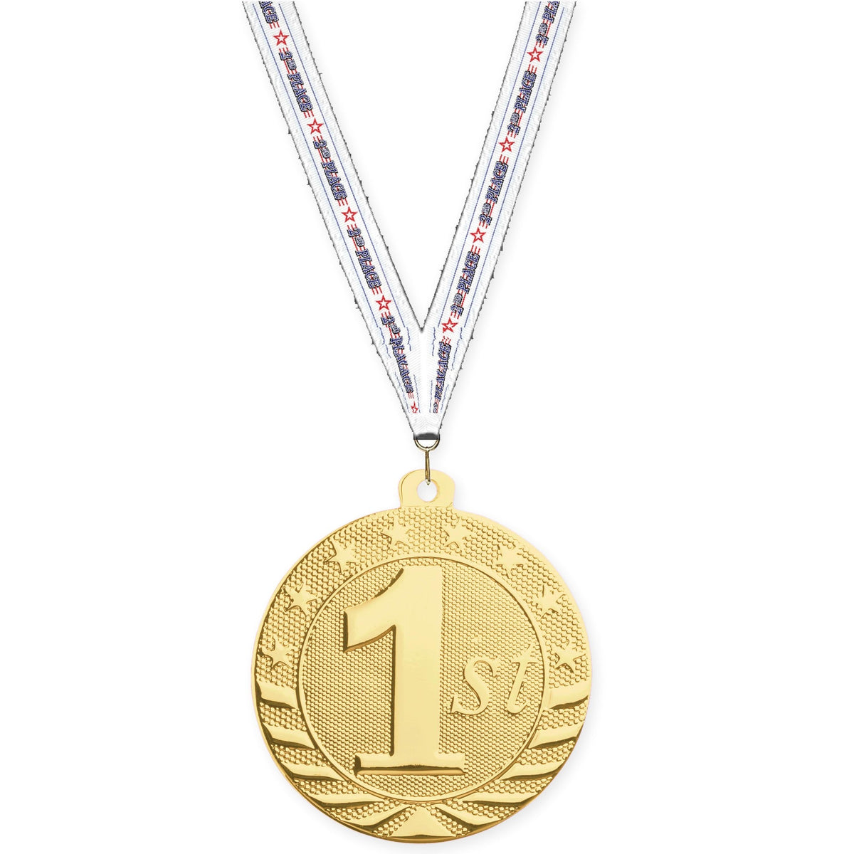 2 inch Place Starbrite medal in gold - 1st place with 2nd Place neck ribbon