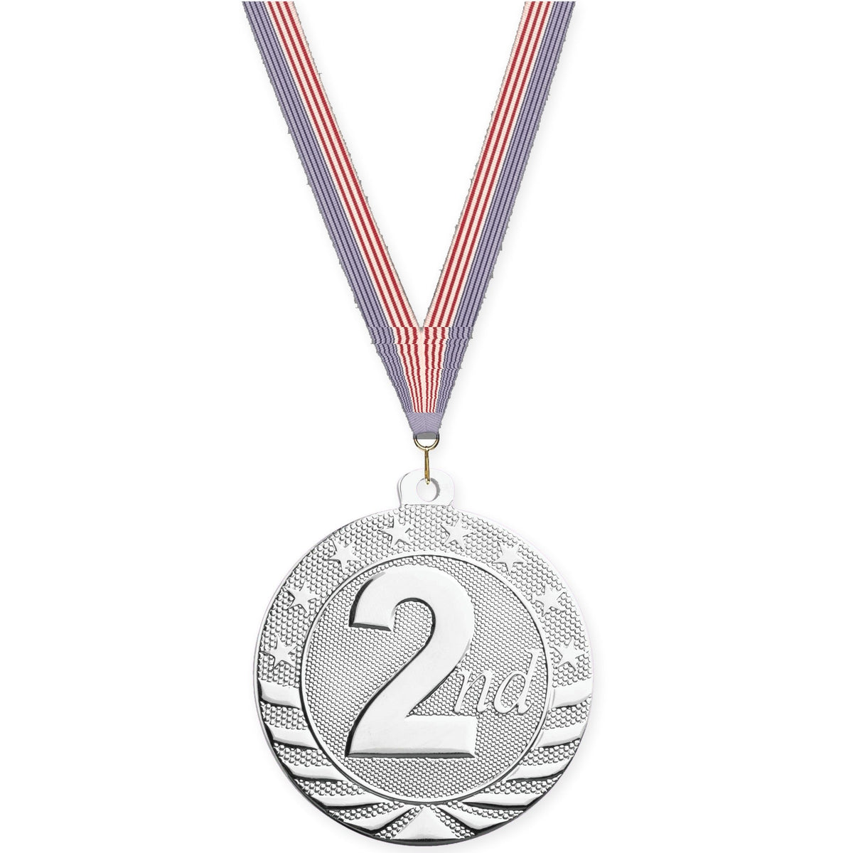 2 inch Place Starbrite medal in silver - 2nd place with USA Flag neck ribbon