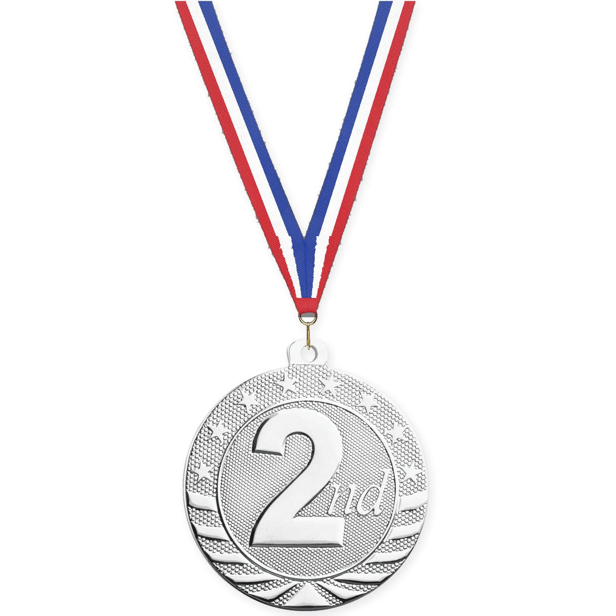 2 inch Place Starbrite medal in silver - 2nd place with Red White Blue neck ribbon