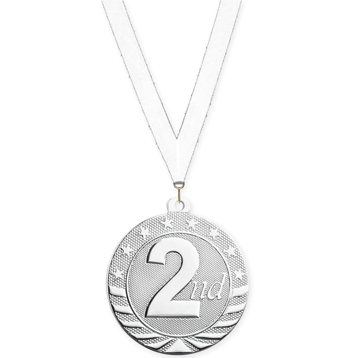 2 inch Place Starbrite medal in silver - 2nd place with White neck ribbon
