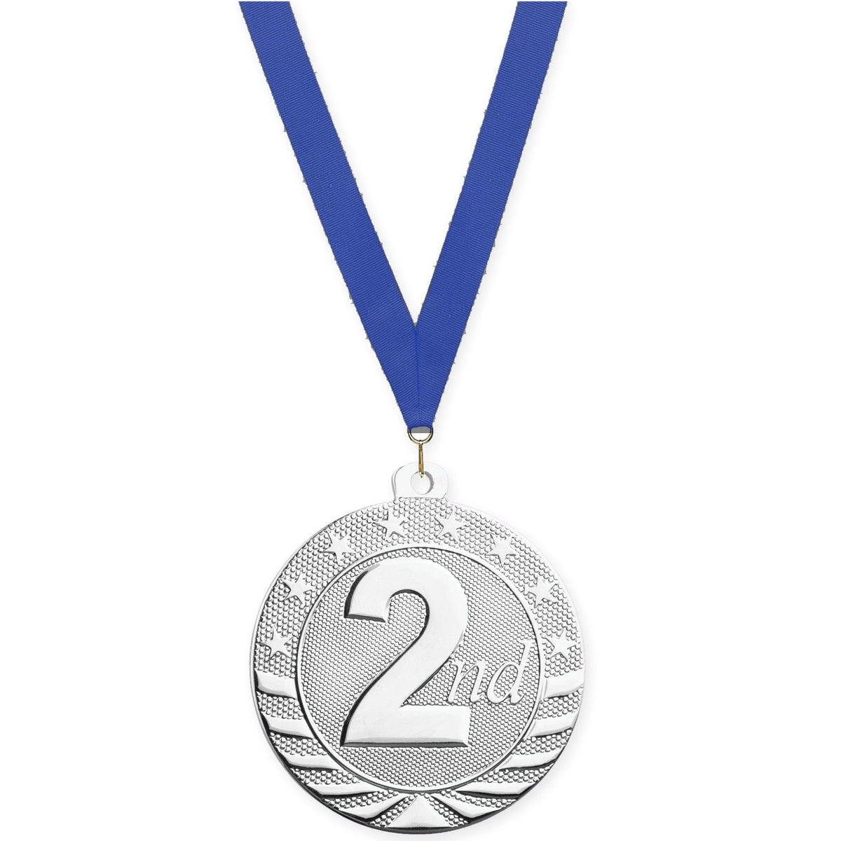 2 inch Place Starbrite medal in silver - 2nd place with Blue neck ribbon