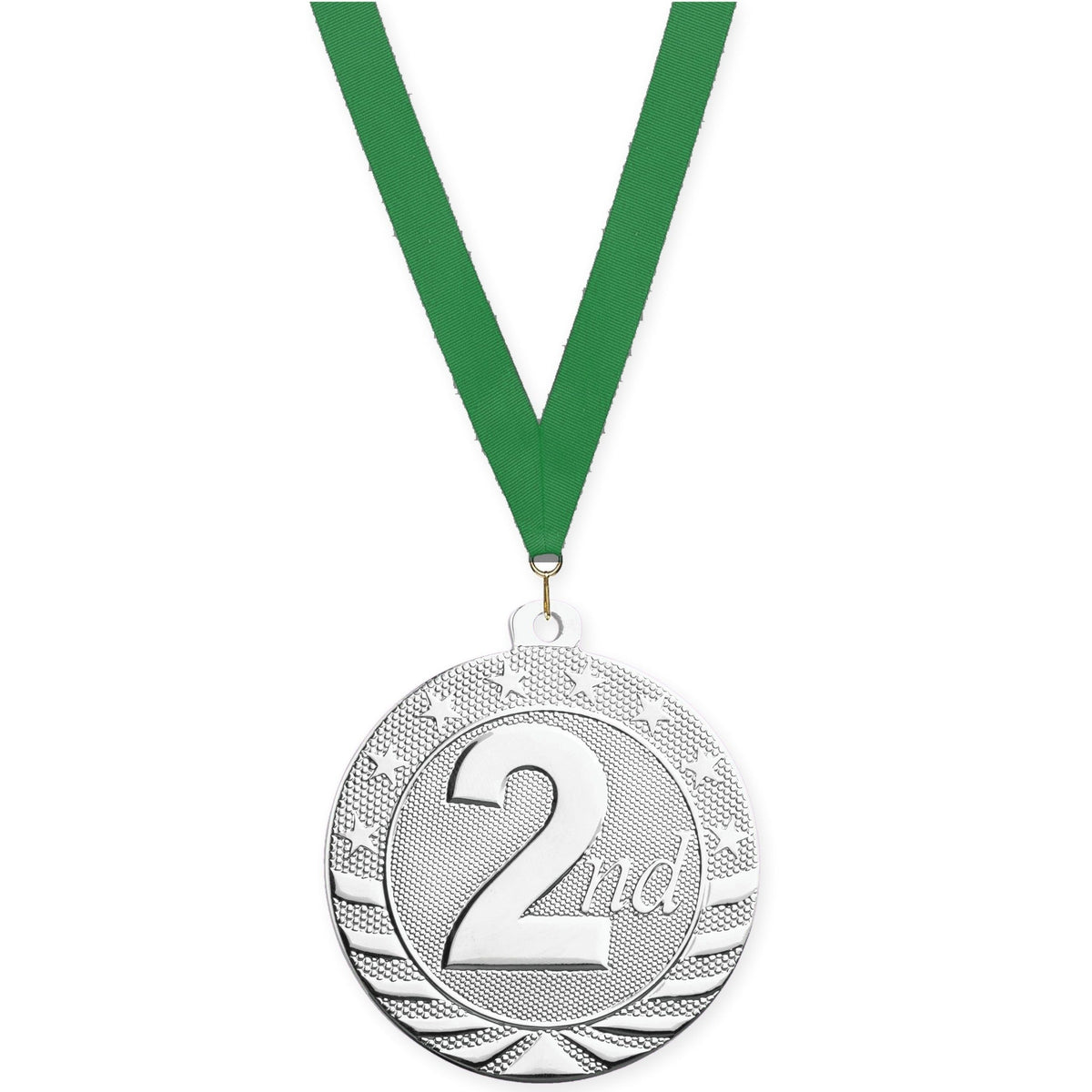 2 inch Place Starbrite medal in silver - 2nd place with Green neck ribbon