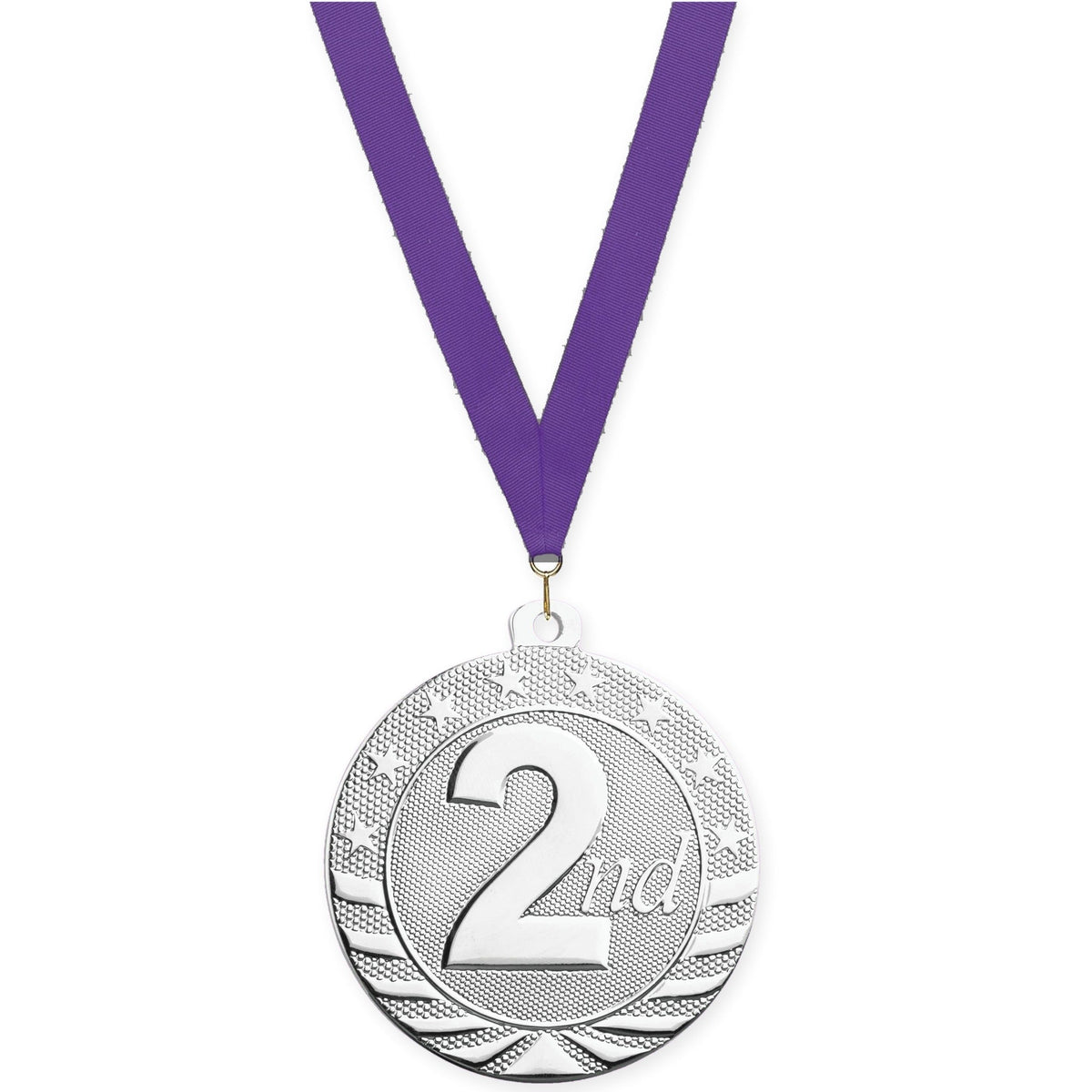 2 inch Place Starbrite medal in silver - 2nd place with Purple neck ribbon