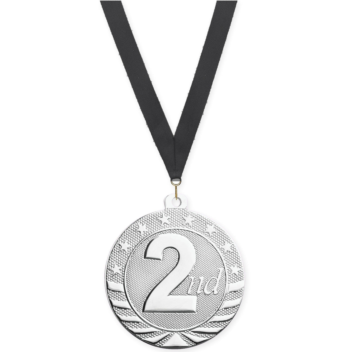 2 inch Place Starbrite medal in silver - 2nd place with Black neck ribbon