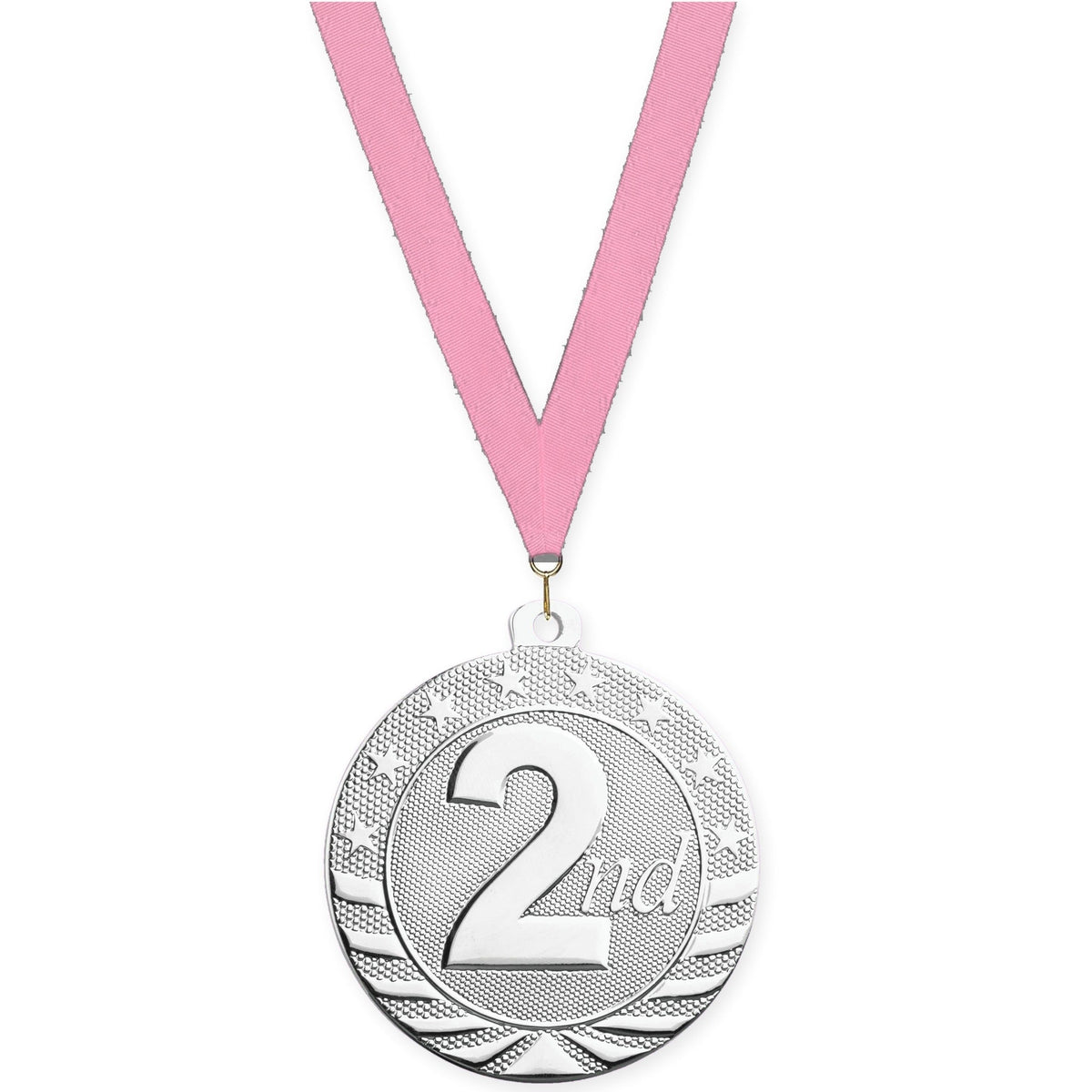 2 inch Place Starbrite medal in silver - 2nd place with Pink neck ribbon