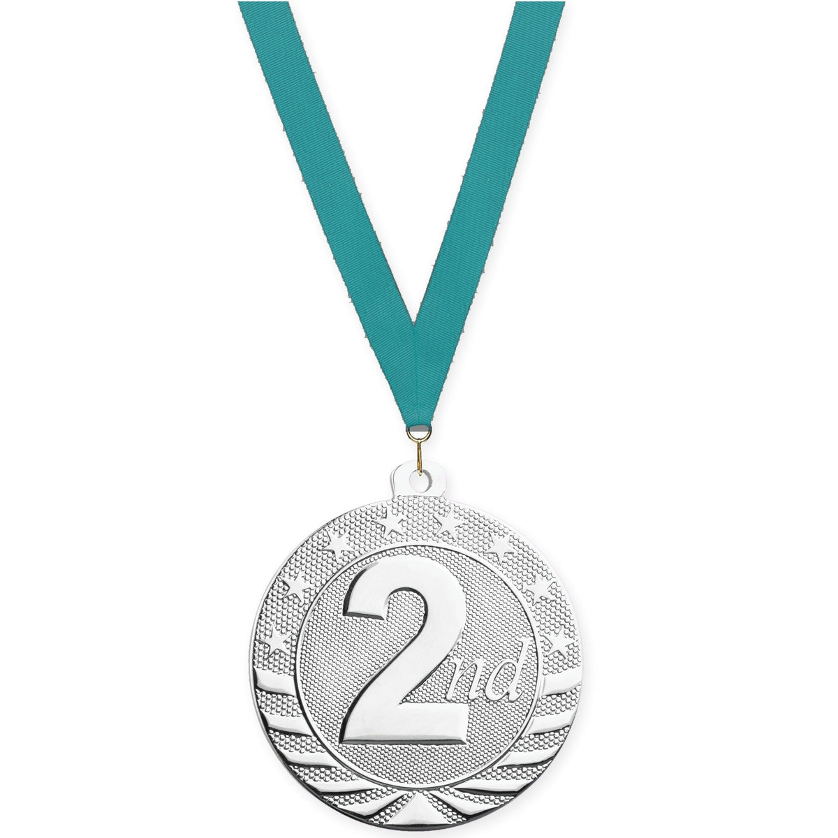 2 inch Place Starbrite medal in silver - 2nd place with Teal neck ribbon