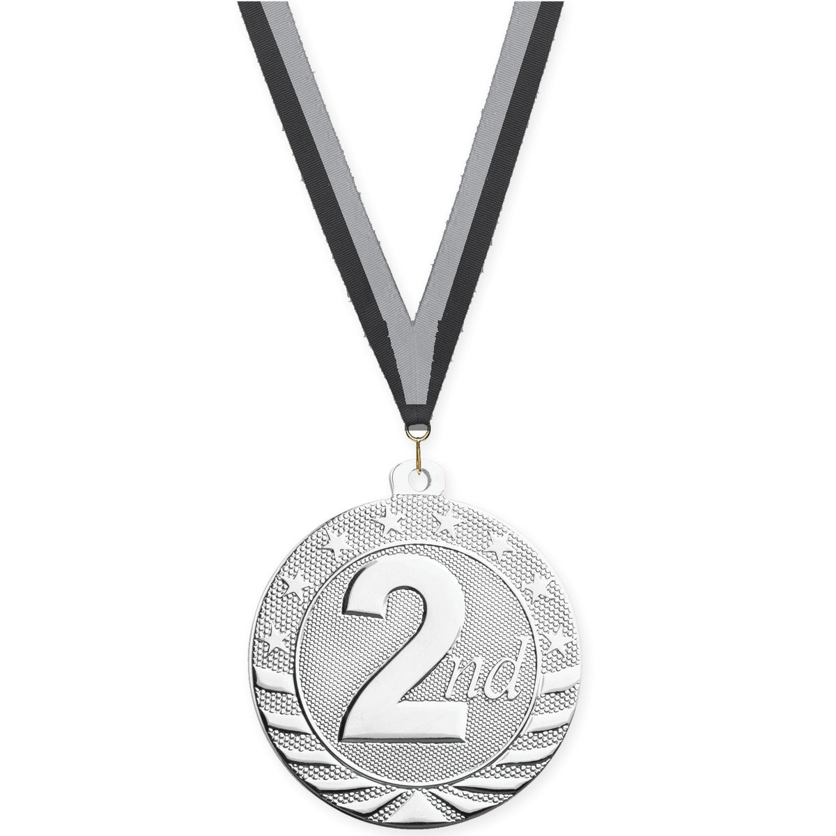 2 inch Place Starbrite medal in silver - 2nd place with Black Gray neck ribbon