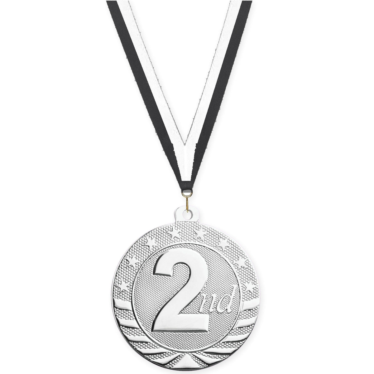 2 inch Place Starbrite medal in silver - 2nd place with Black White neck ribbon