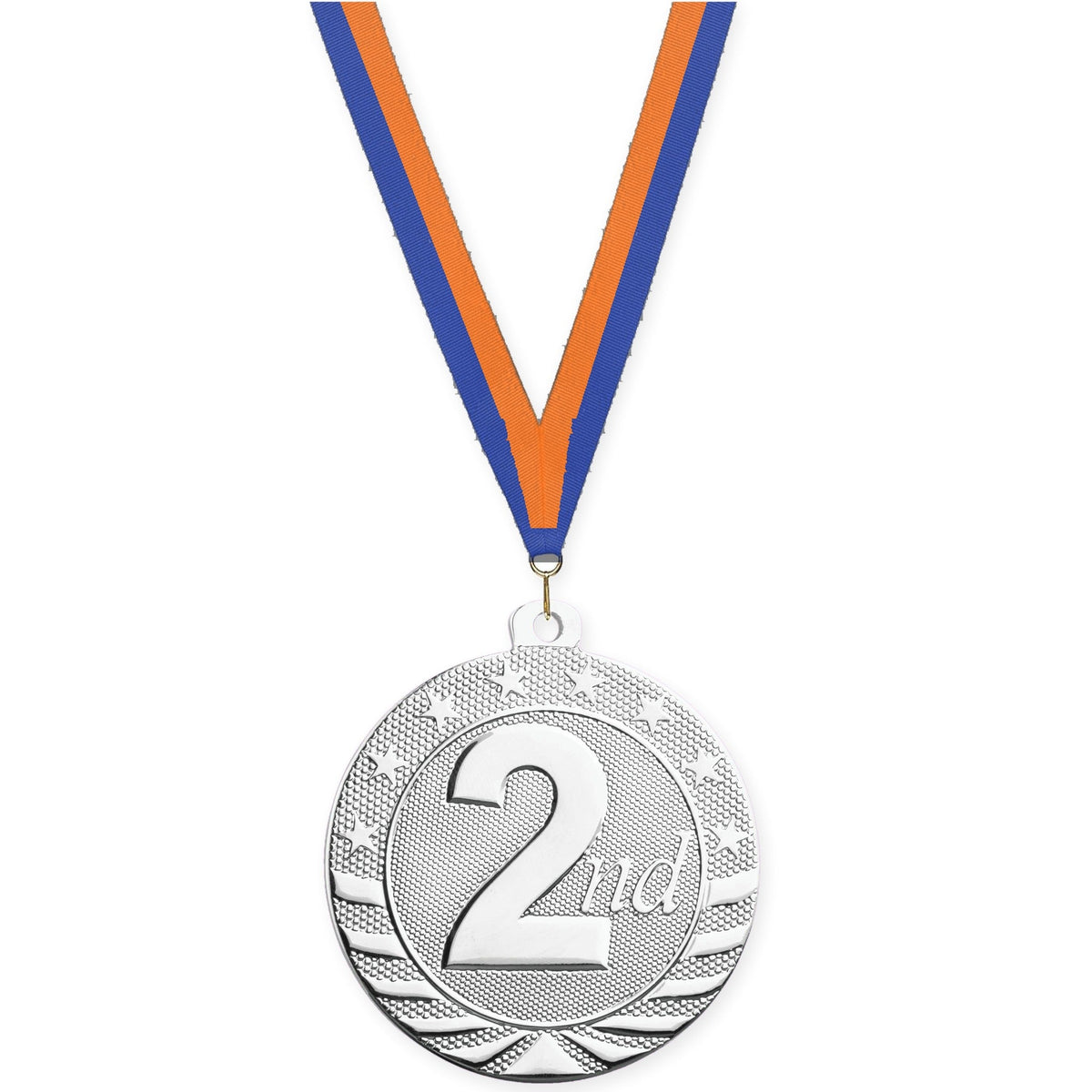 2 inch Place Starbrite medal in silver - 2nd place with Blue Orange neck ribbon