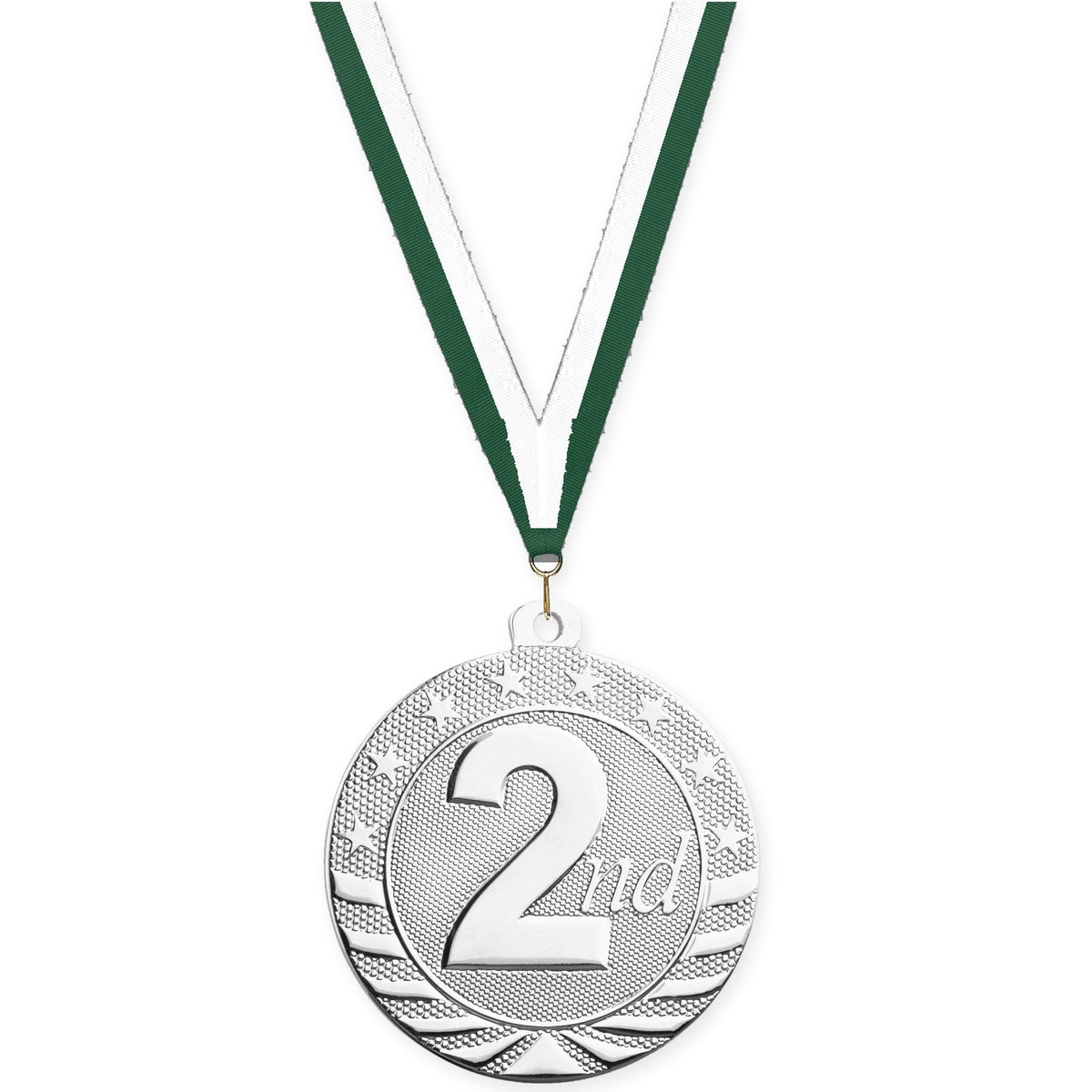 2 inch Place Starbrite medal in silver - 2nd place with Hunter Green White neck ribbon