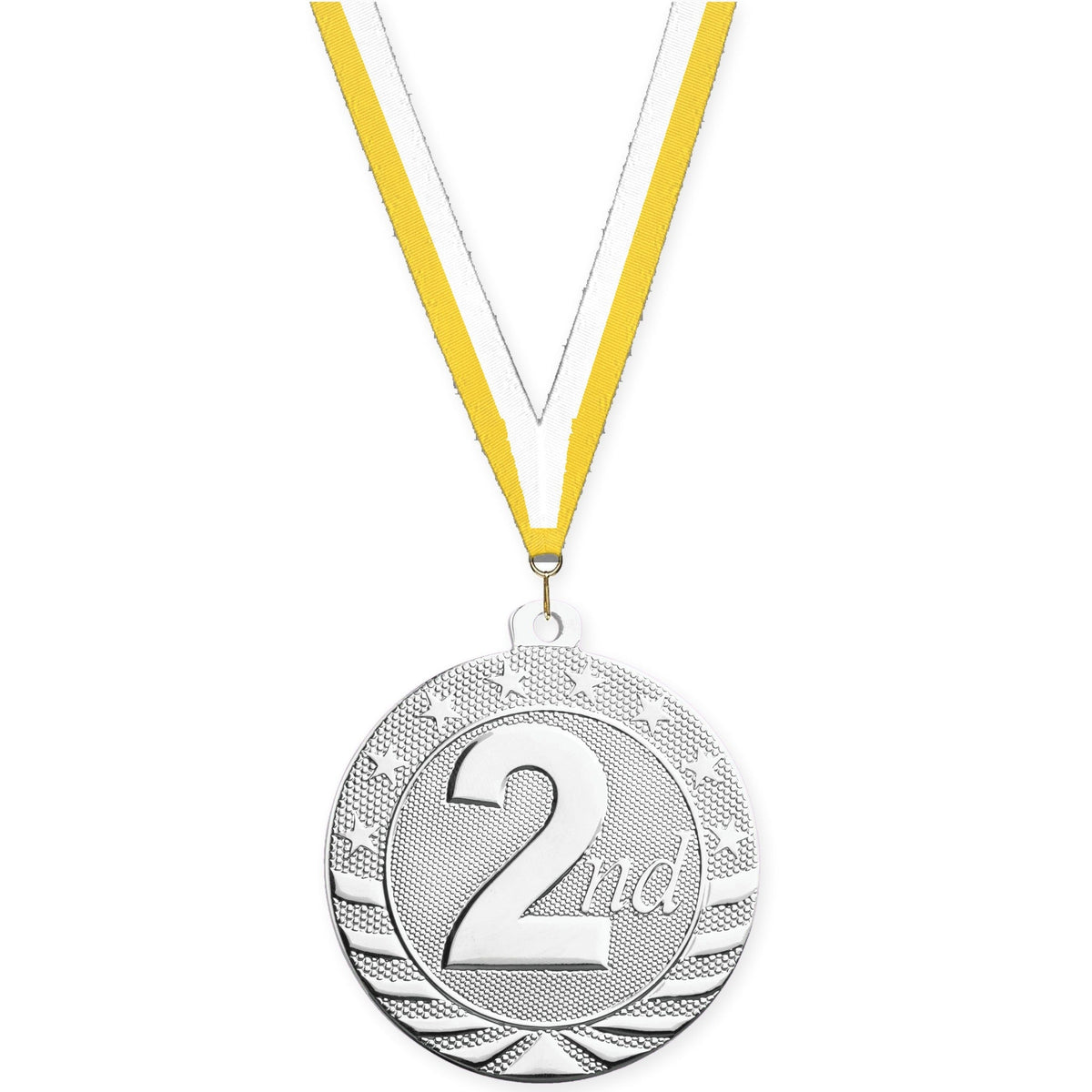 2 inch Place Starbrite medal in silver - 2nd place with Yellow White neck ribbon