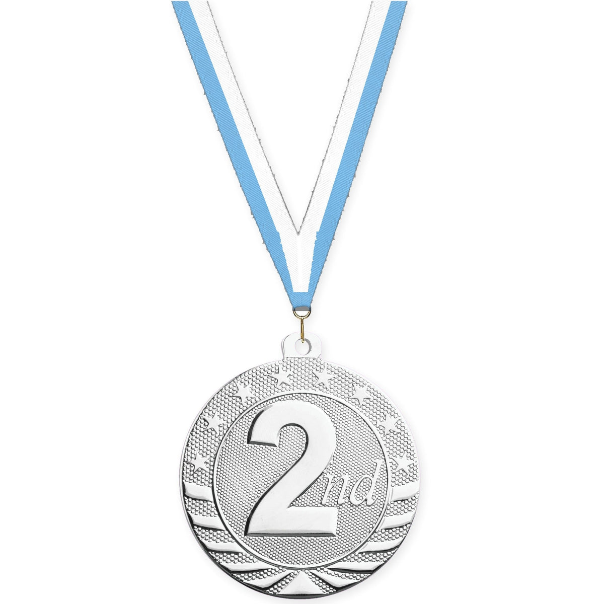 2 inch Place Starbrite medal in silver - 2nd place with Light Blue White neck ribbon