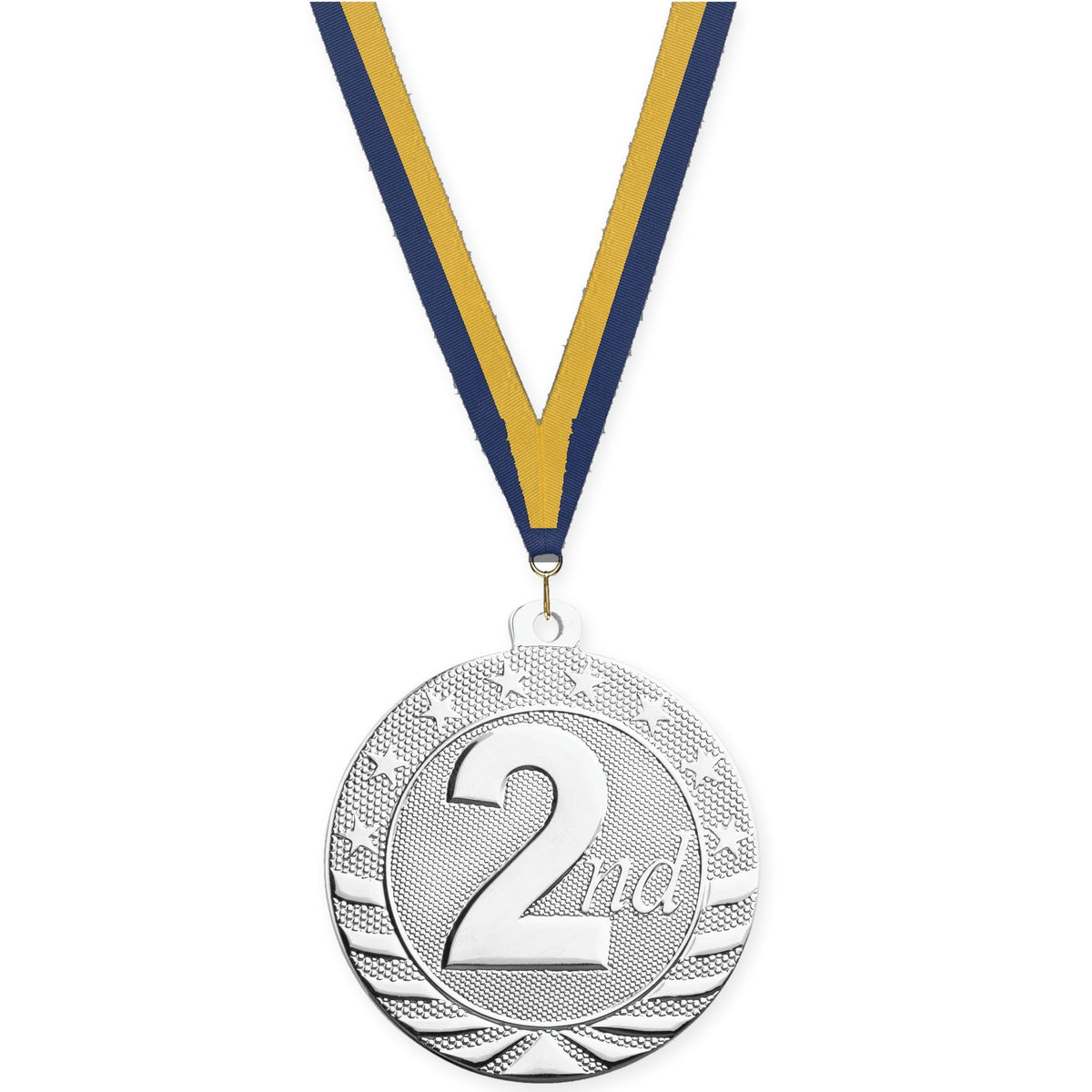 2 inch Place Starbrite medal in silver - 2nd place with Navy Gold neck ribbon