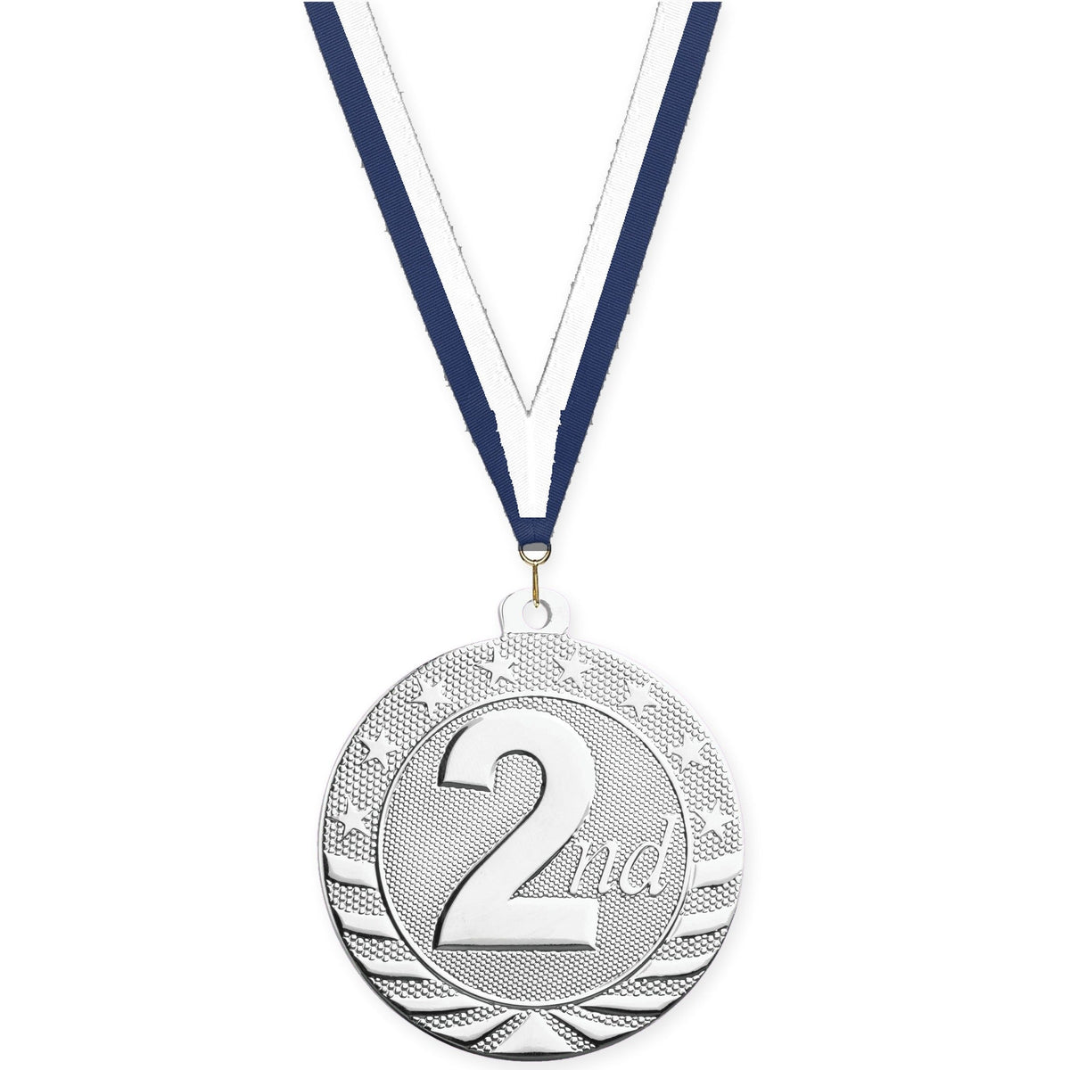 2 inch Place Starbrite medal in silver - 2nd place with Navy White neck ribbon