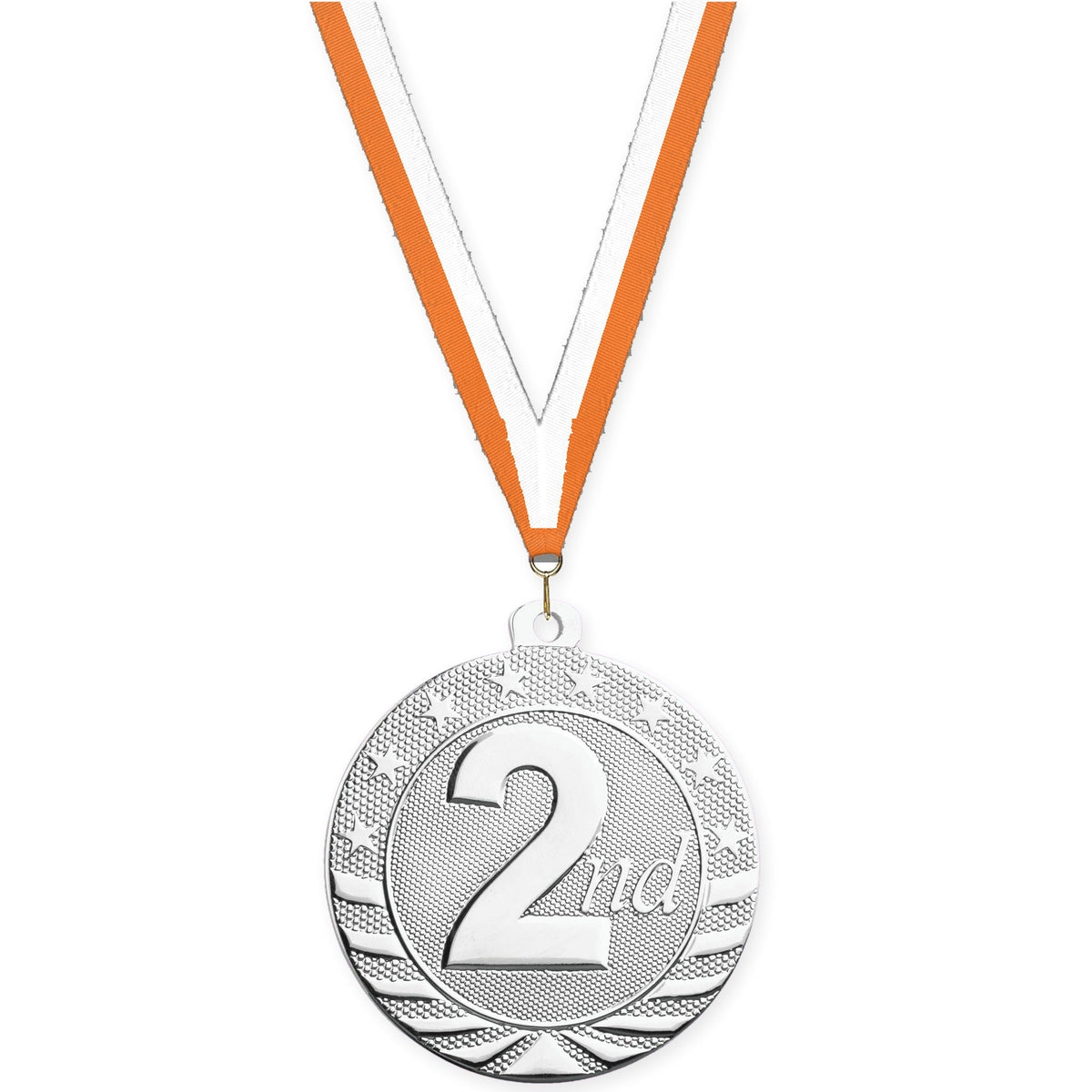 2 inch Place Starbrite medal in silver - 2nd place with Orange White neck ribbon