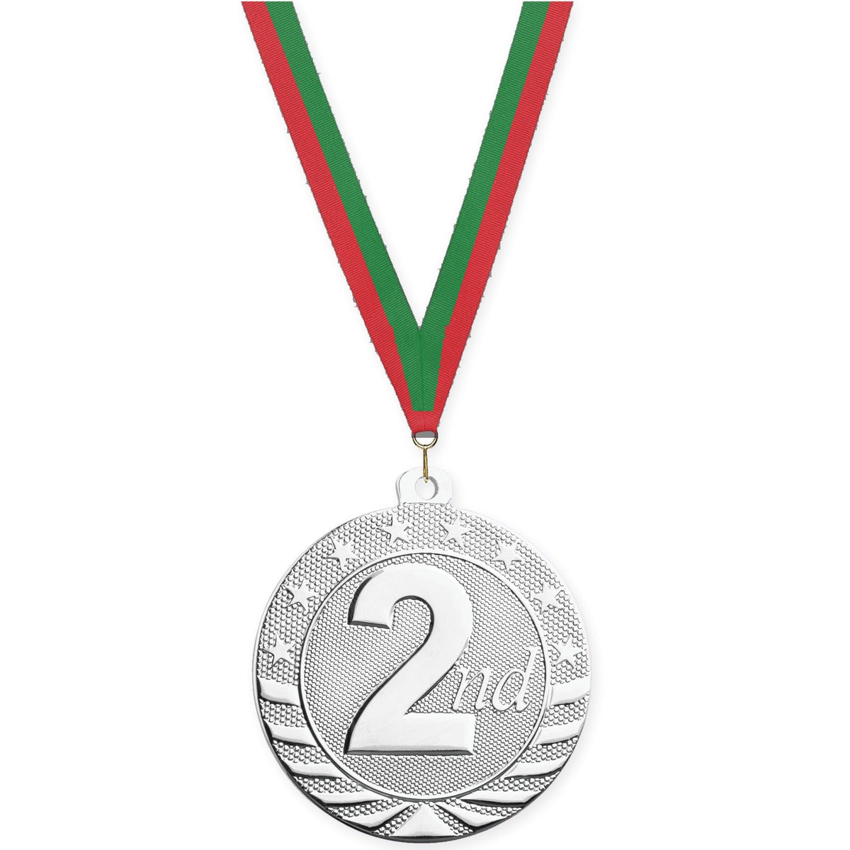 2 inch Place Starbrite medal in silver - 2nd place with Red Green neck ribbon