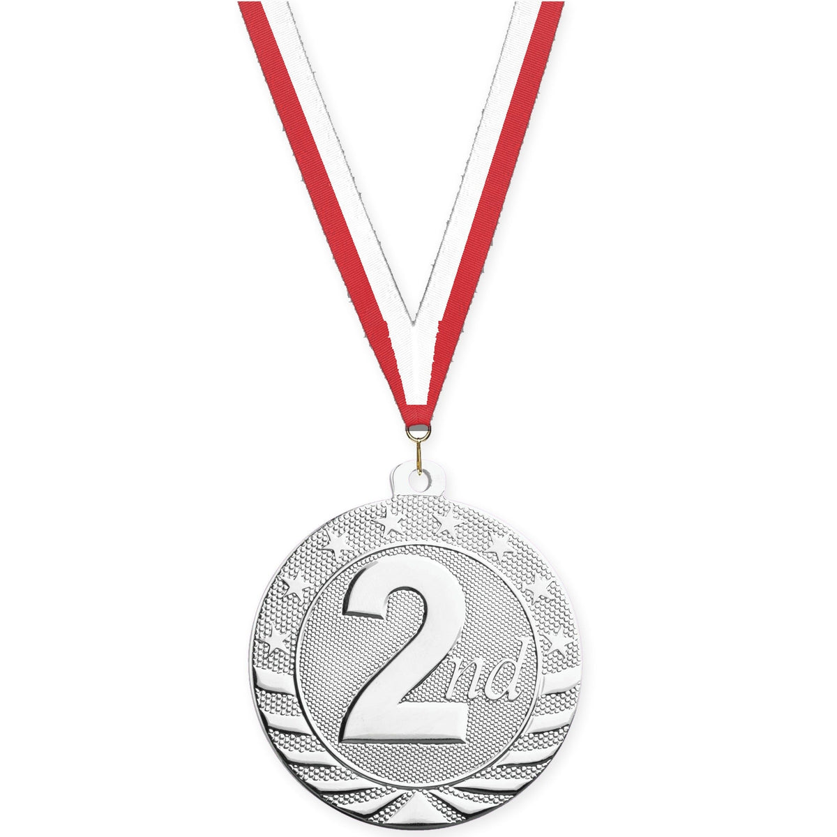 2 inch Place Starbrite medal in silver - 2nd place with Red White neck ribbon