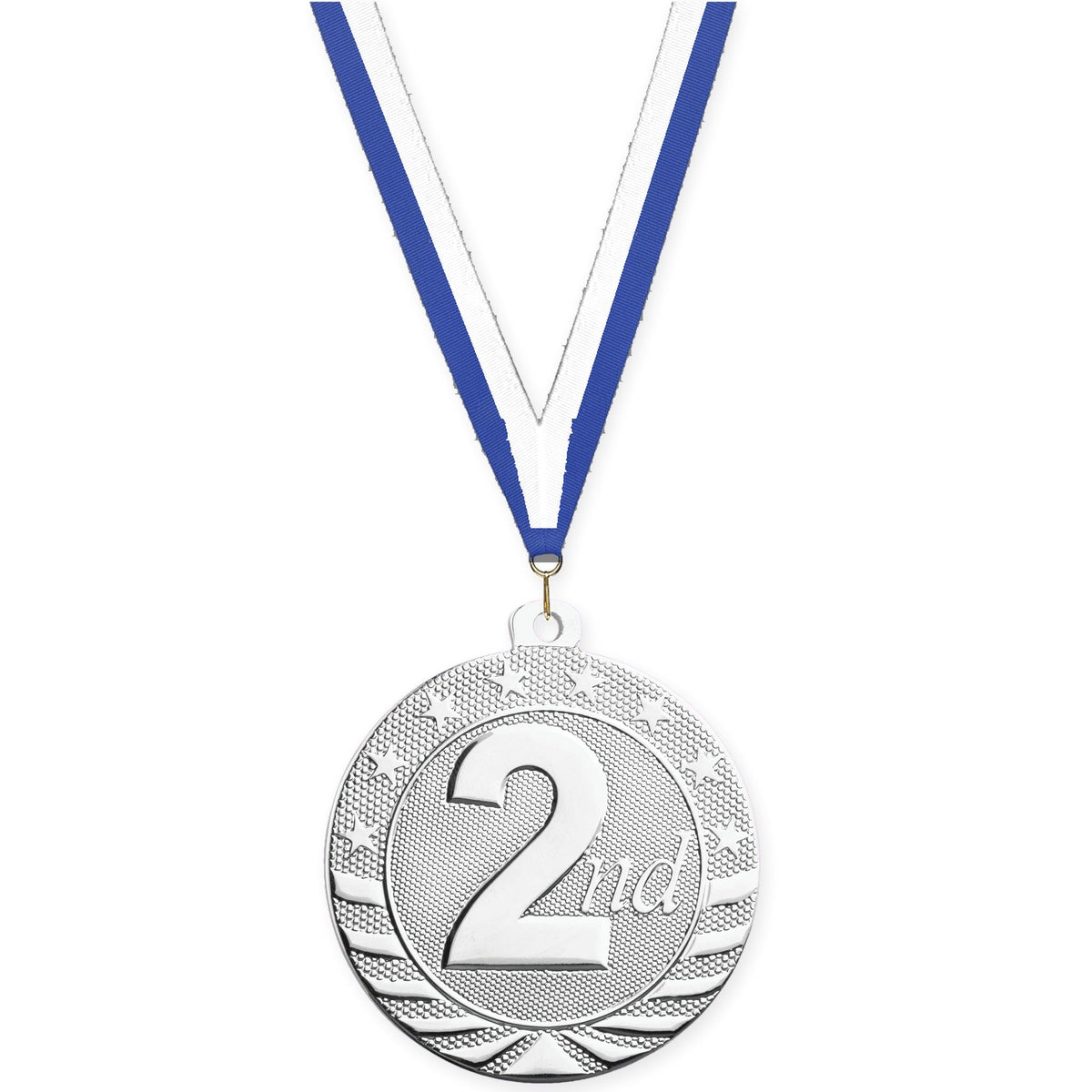 2 inch Place Starbrite medal in silver - 2nd place with Blue White neck ribbon