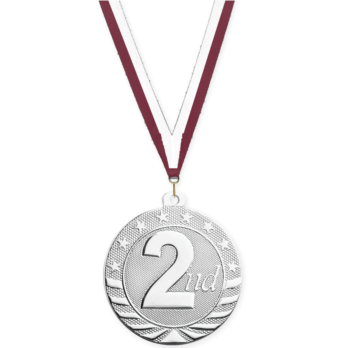 2 inch Place Starbrite medal in silver - 2nd place with Maroon White neck ribbon
