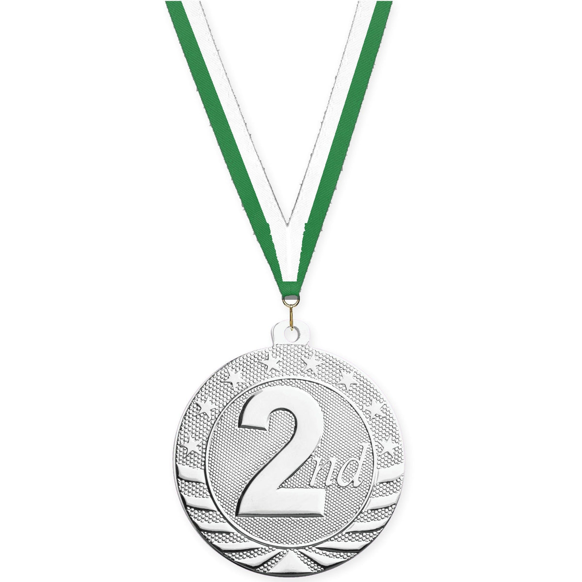 2 inch Place Starbrite medal in silver - 2nd place with Green White neck ribbon