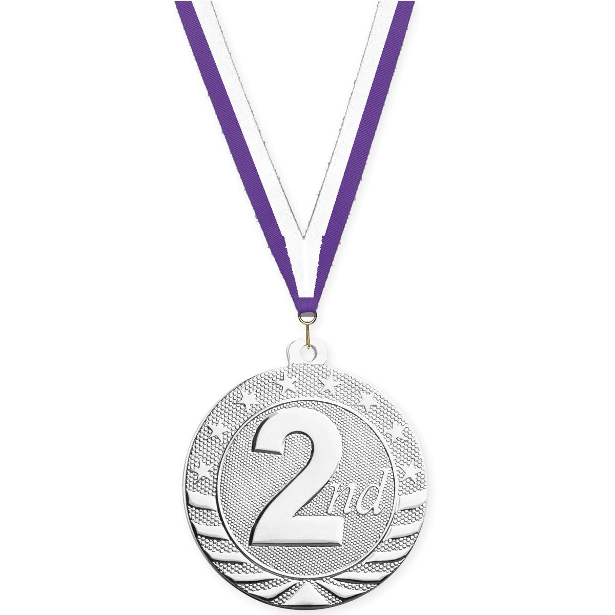 2 inch Place Starbrite medal in silver - 2nd place with Purple White neck ribbon