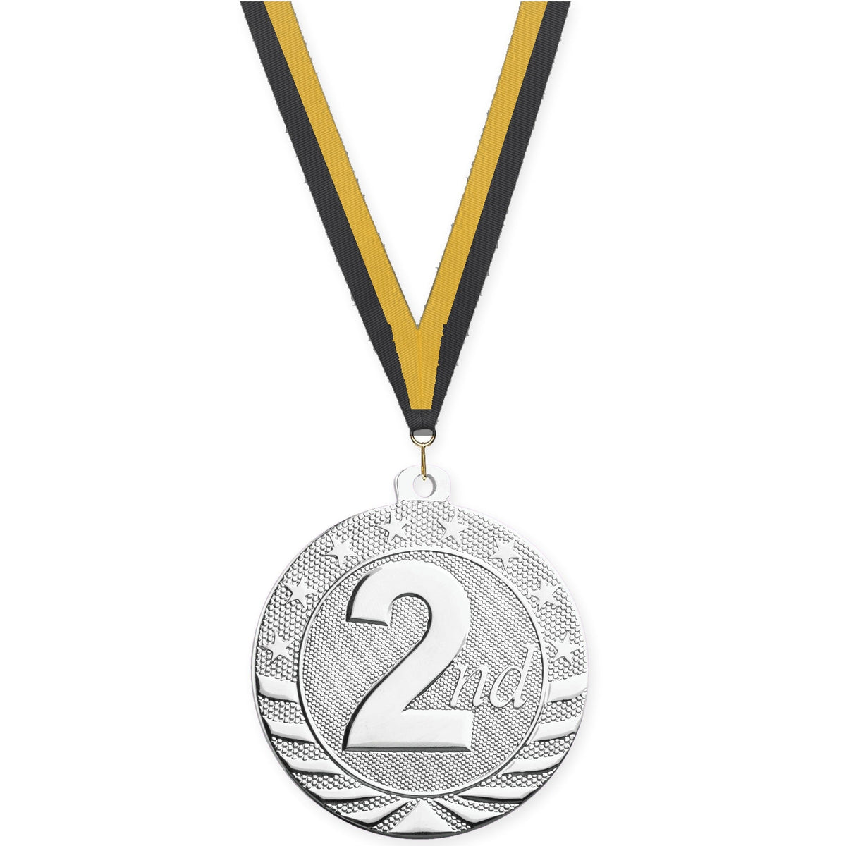 2 inch Place Starbrite medal in silver - 2nd place with Black Gold neck ribbon