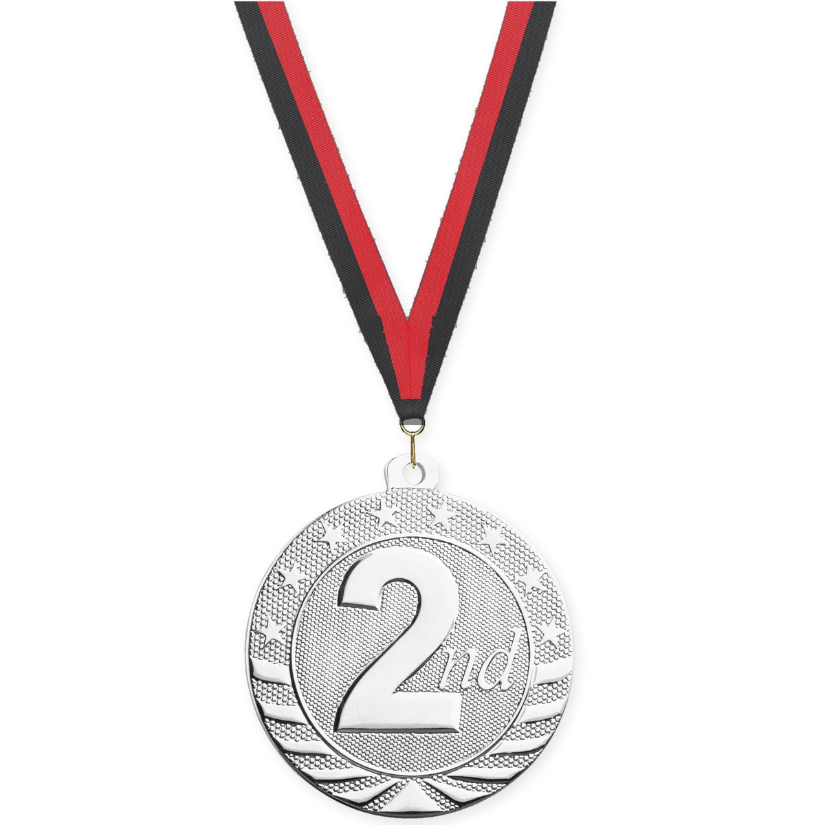2 inch Place Starbrite medal in silver - 2nd place with Black Red neck ribbon