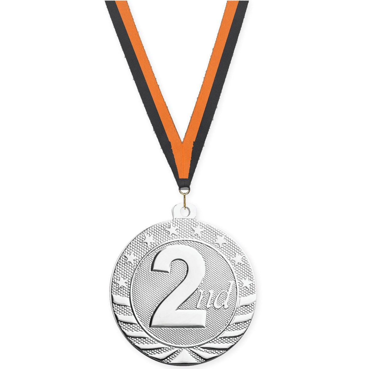 2 inch Place Starbrite medal in silver - 2nd place with Black Orange neck ribbon