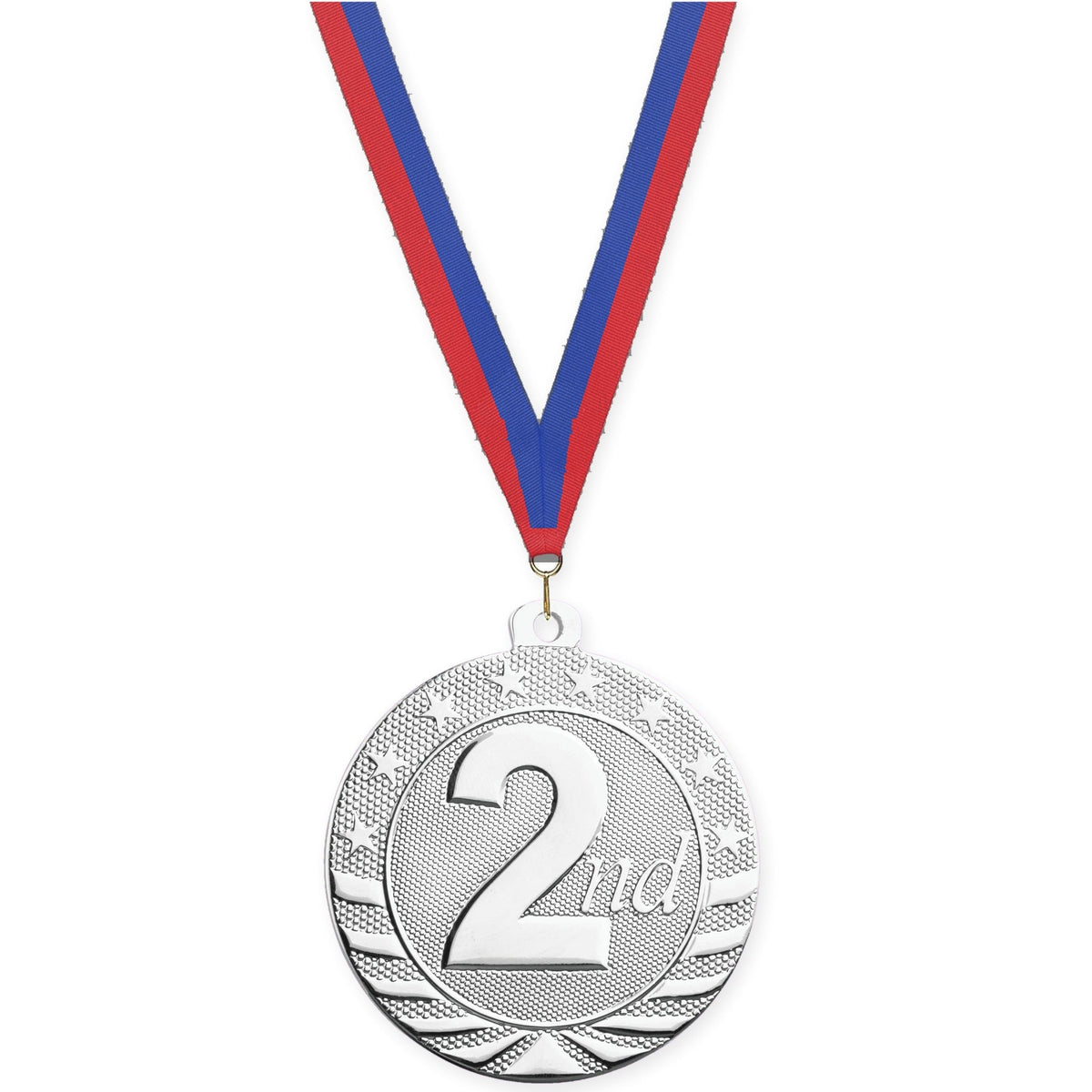 2 inch Place Starbrite medal in silver - 2nd place with Blue Red neck ribbon