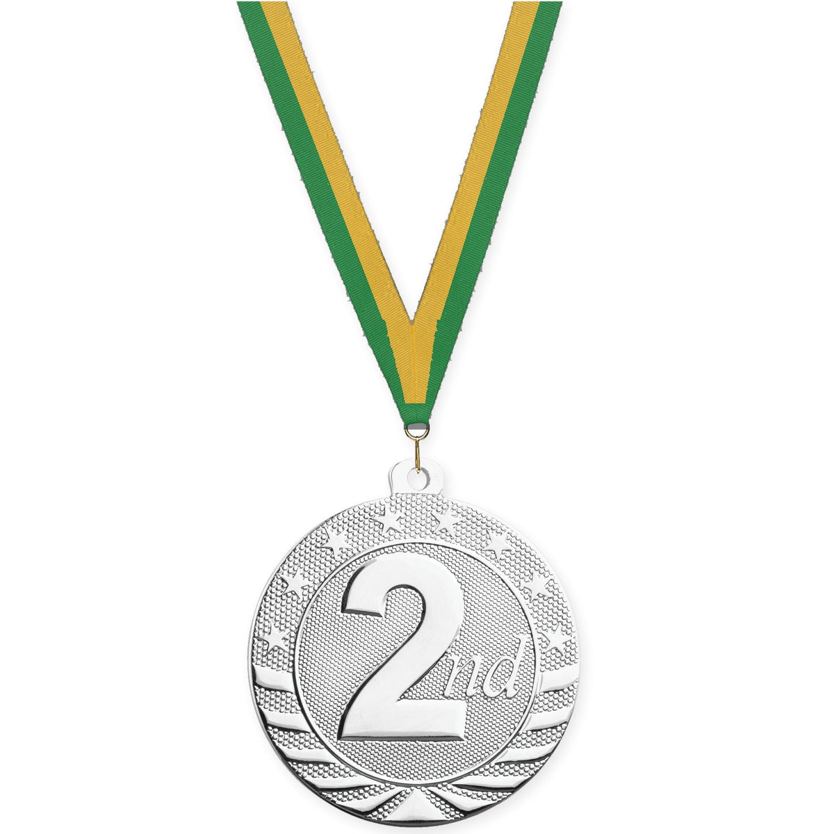 2 inch Place Starbrite medal in silver - 2nd place with Green Gold neck ribbon