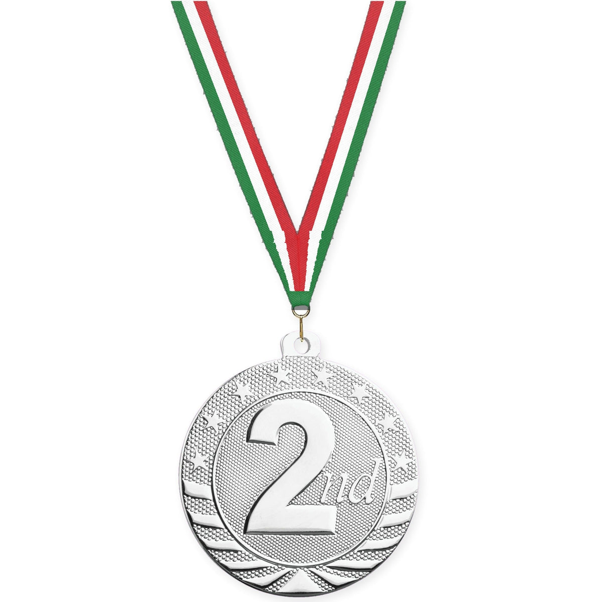 2 inch Place Starbrite medal in silver - 2nd place with Green White Red neck ribbon