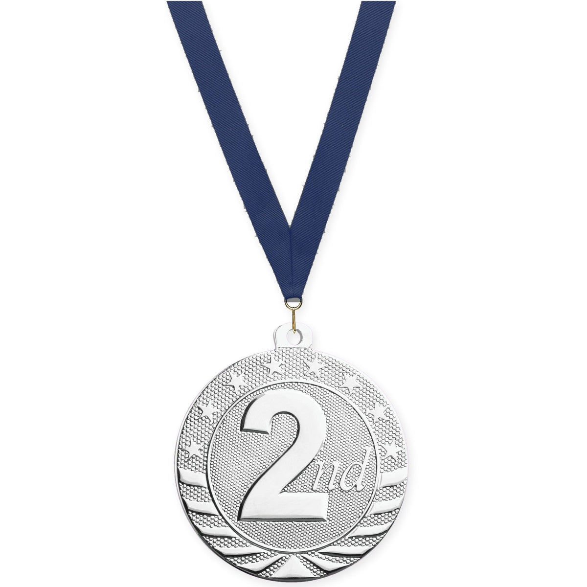 2 inch Place Starbrite medal in silver - 2nd place with Navy neck ribbon